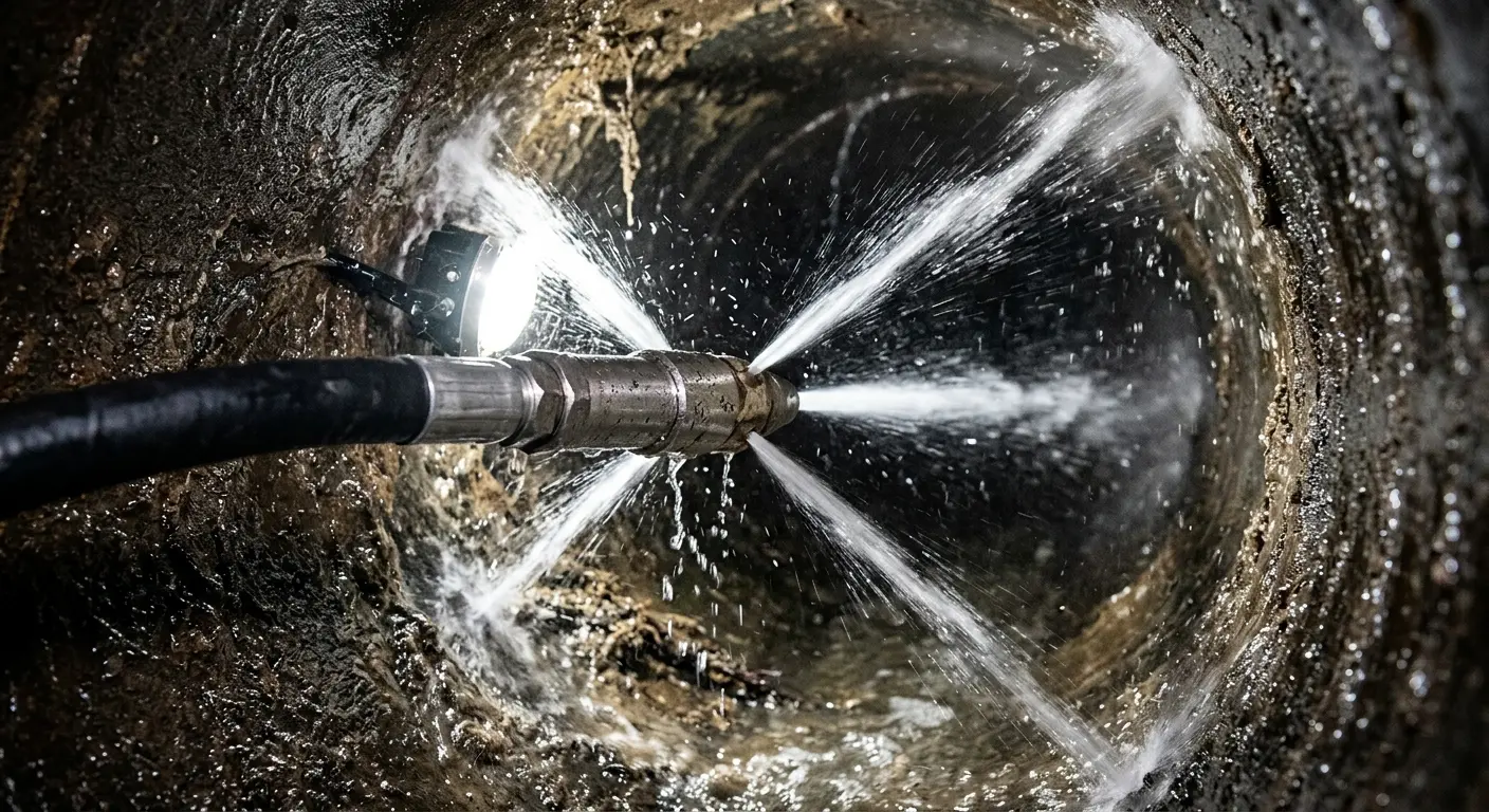 High-pressure hydro jetting nozzle cleaning sewer pipe for Trenchless Sewer Repair in Oakleaf Plantation