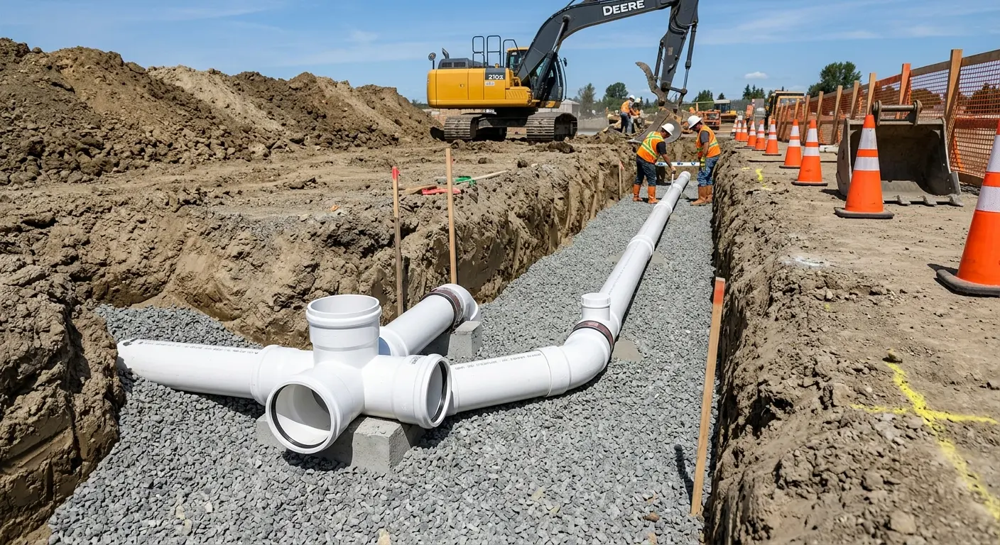 New PVC sewer pipe installation in open trench for Commercial Drain Cleaning in Oakleaf Plantation