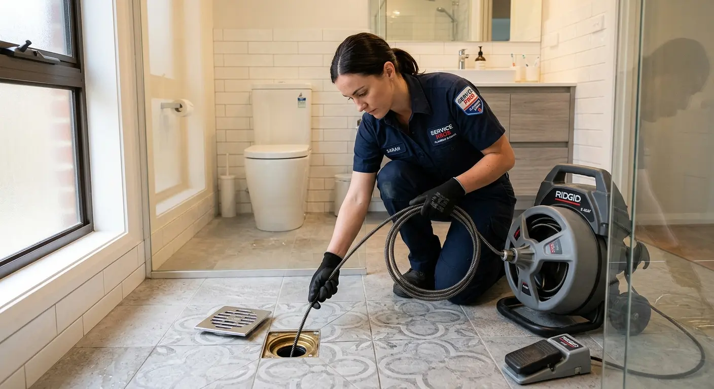 Technician clearing a bathroom floor drain for Hydro Jetting in Oakleaf Plantation